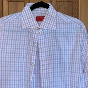 Isaia Men's Pink and White Plaid Shirt 16